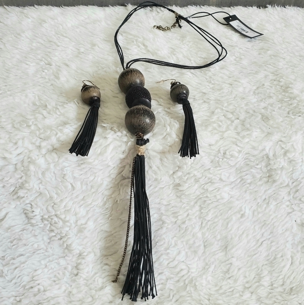 Wood Beaded Tan Black Bronze Chunky Necklace Earring Set NWT